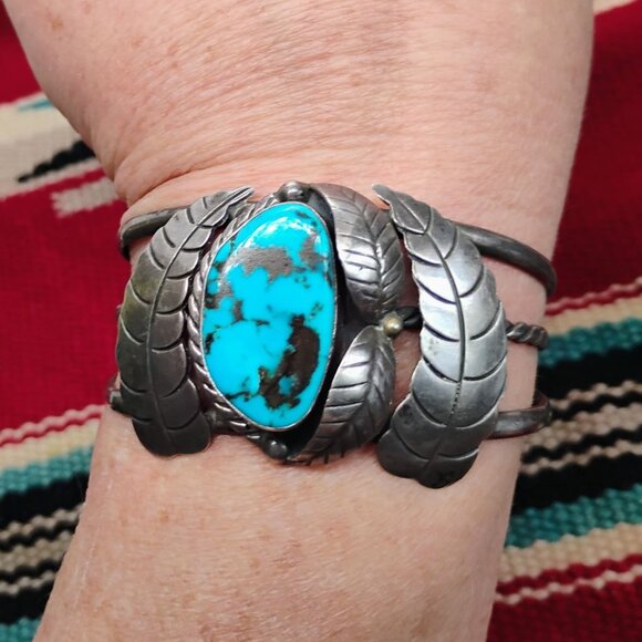 Vtg Native Old Pawn Navajo Bisbee Turquoise Sterling Silver Cuff Bracelet - Picture 1 of 10